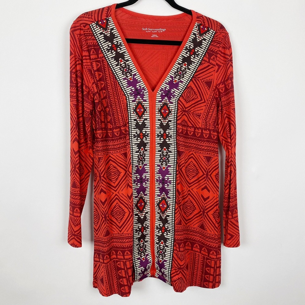 Soft Surroundings Embroidered Tribal Print LS V Neck Tunic Knit Top Womens‎ M